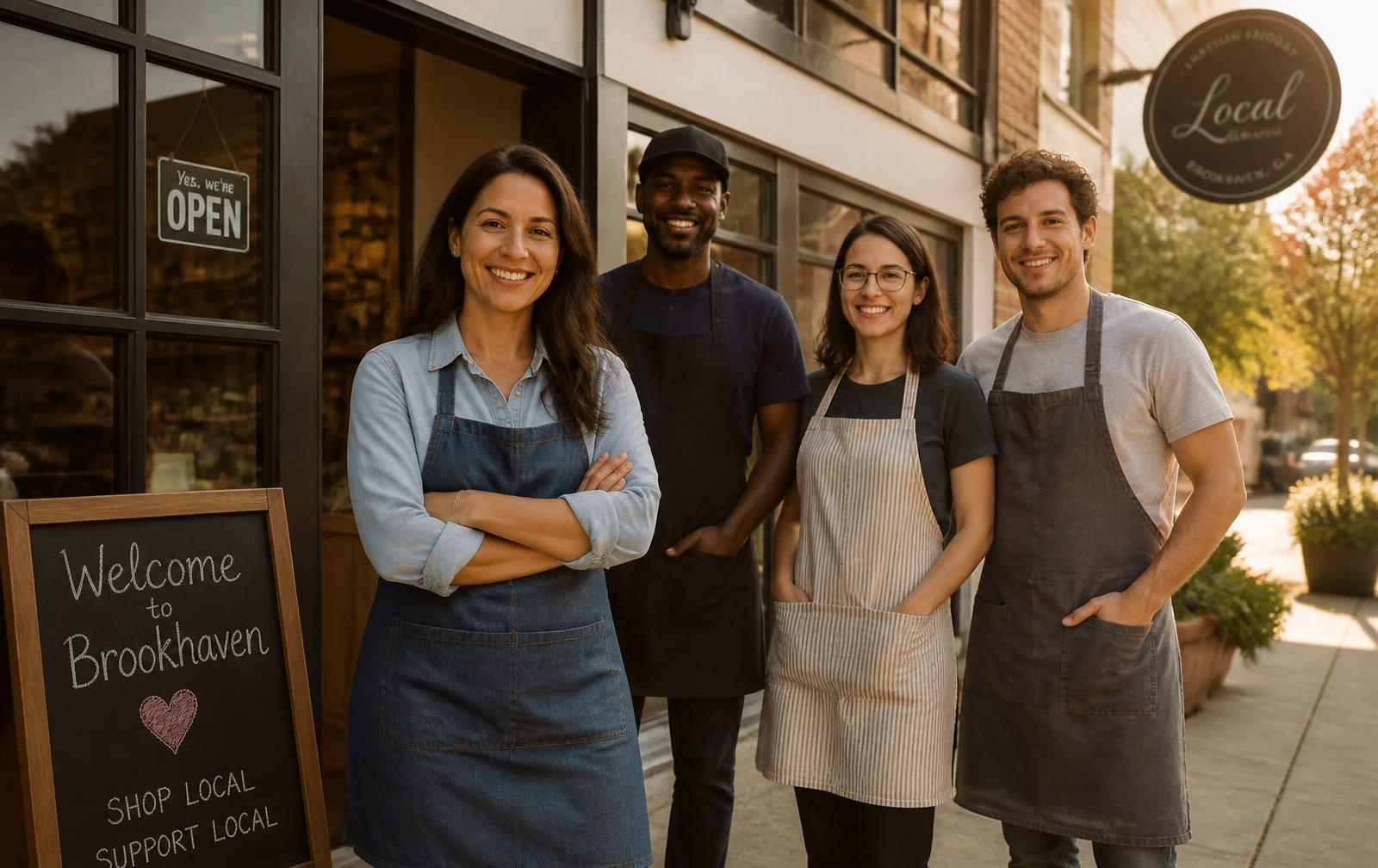 Owners and staff of a locally owned North Metro Atlanta shop standing together outside their storefront