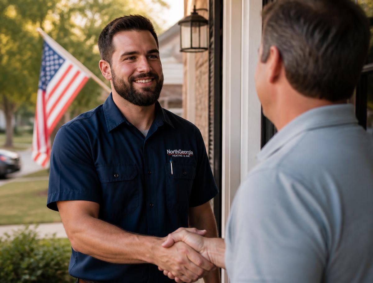 A local home-service professional greeting a homeowner at their front door